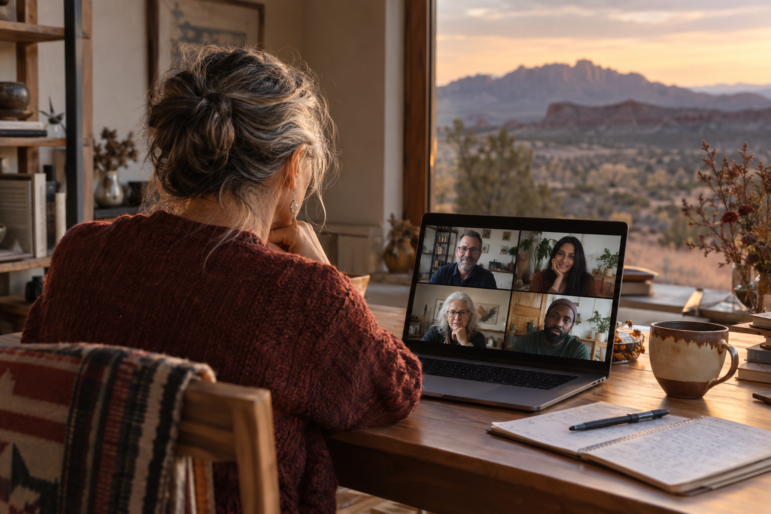 Illustrative scene of an adult joining a small online conversation from a laptop at home